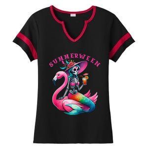 Summerween Mermaid Skeleton Flamingo Summer Halloween Women Ladies Halftime Notch Neck Tee