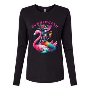 Summerween Mermaid Skeleton Flamingo Summer Halloween Women Womens Cotton Relaxed Long Sleeve T-Shirt