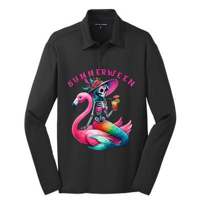 Summerween Mermaid Skeleton Flamingo Summer Halloween Women Silk Touch Performance Long Sleeve Polo