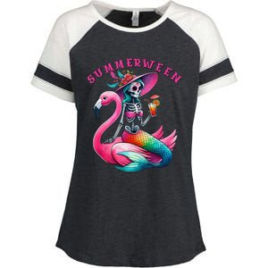 Summerween Mermaid Skeleton Flamingo Summer Halloween Women Enza Ladies Jersey Colorblock Tee