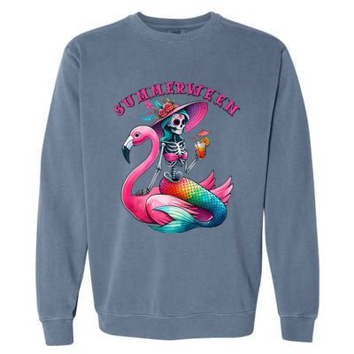 Summerween Mermaid Skeleton Flamingo Summer Halloween Women Garment-Dyed Sweatshirt