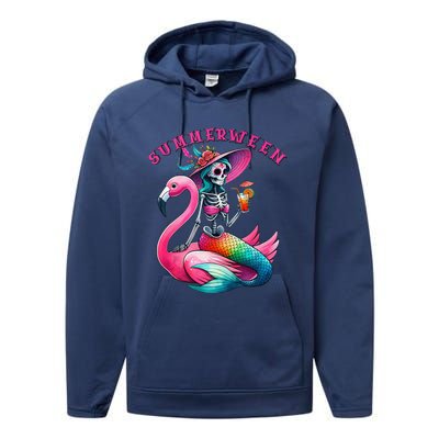 Summerween Mermaid Skeleton Flamingo Summer Halloween Women Performance Fleece Hoodie