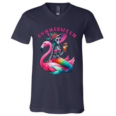 Summerween Mermaid Skeleton Flamingo Summer Halloween Women V-Neck T-Shirt