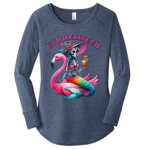 Summerween Mermaid Skeleton Flamingo Summer Halloween Women Women's Perfect Tri Tunic Long Sleeve Shirt