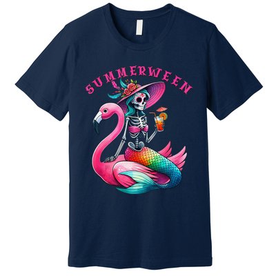 Summerween Mermaid Skeleton Flamingo Summer Halloween Women Premium T-Shirt