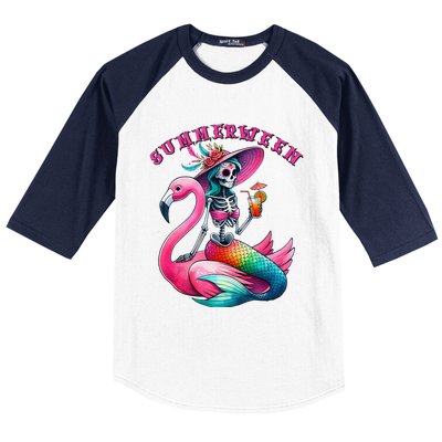 Summerween Mermaid Skeleton Flamingo Summer Halloween Women Baseball Sleeve Shirt