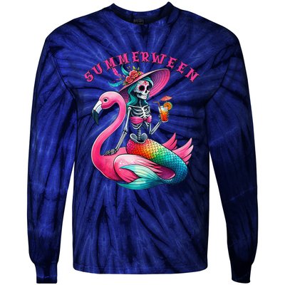 Summerween Mermaid Skeleton Flamingo Summer Halloween Women Tie-Dye Long Sleeve Shirt