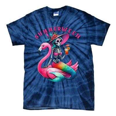 Summerween Mermaid Skeleton Flamingo Summer Halloween Women Tie-Dye T-Shirt