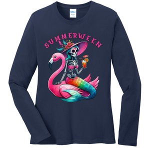 Summerween Mermaid Skeleton Flamingo Summer Halloween Women Ladies Long Sleeve Shirt