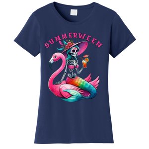 Summerween Mermaid Skeleton Flamingo Summer Halloween Women Women's T-Shirt