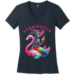 Summerween Mermaid Skeleton Flamingo Summer Halloween Women Women's V-Neck T-Shirt