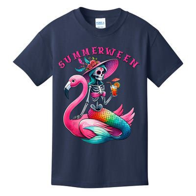 Summerween Mermaid Skeleton Flamingo Summer Halloween Women Kids T-Shirt