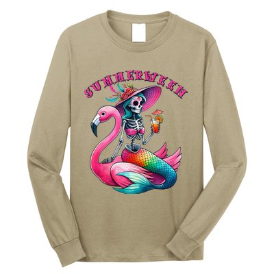 Summerween Mermaid Skeleton Flamingo Summer Halloween Women Long Sleeve Shirt