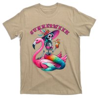 Summerween Mermaid Skeleton Flamingo Summer Halloween Women T-Shirt