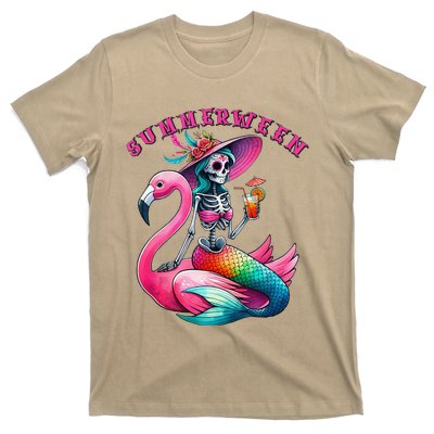 Summerween Mermaid Skeleton Flamingo Summer Halloween Women T-Shirt