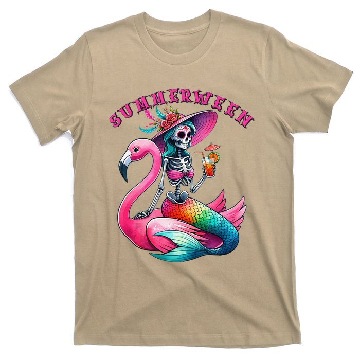 Summerween Mermaid Skeleton Flamingo Summer Halloween Women T-Shirt