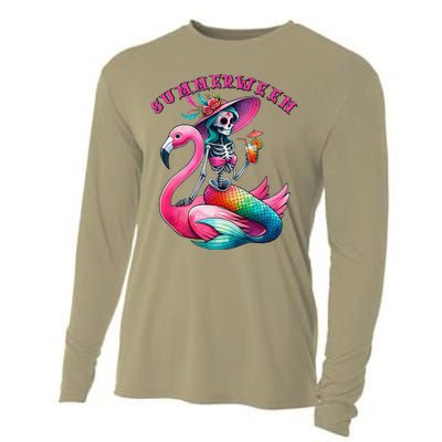 Summerween Mermaid Skeleton Flamingo Summer Halloween Women Cooling Performance Long Sleeve Crew