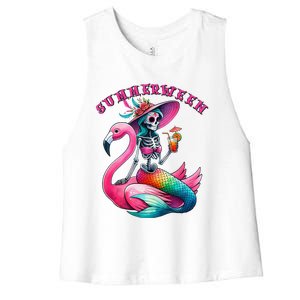 Summerween Mermaid Skeleton Flamingo Summer Halloween Women Women's Racerback Cropped Tank