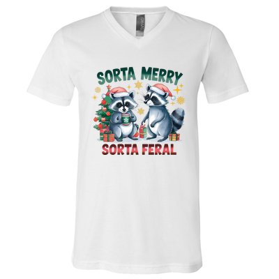 Sorta Merry Sorta Feral Christmas Raccoon Xmas V-Neck T-Shirt