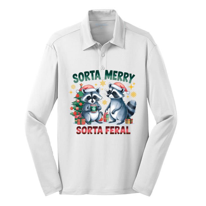 Sorta Merry Sorta Feral Christmas Raccoon Xmas Silk Touch Performance Long Sleeve Polo