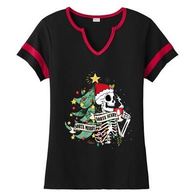 Sorta Merry Sorta Scary Skeleton Hot Cocoa Christmas Pajamas Ladies Halftime Notch Neck Tee