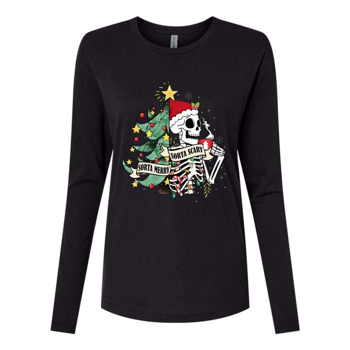 Sorta Merry Sorta Scary Skeleton Hot Cocoa Christmas Pajamas Womens Cotton Relaxed Long Sleeve T-Shirt