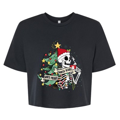 Sorta Merry Sorta Scary Skeleton Hot Cocoa Christmas Pajamas Bella+Canvas Jersey Crop Tee