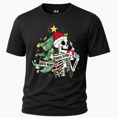 Sorta Merry Sorta Scary Skeleton Hot Cocoa Christmas Pajamas Cooling Performance Crew T-Shirt