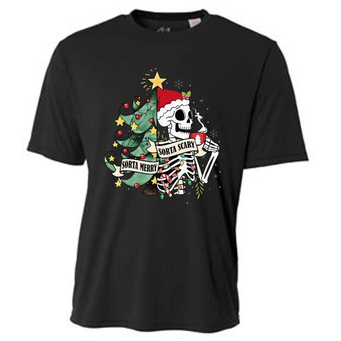 Sorta Merry Sorta Scary Skeleton Hot Cocoa Christmas Pajamas Cooling Performance Crew T-Shirt