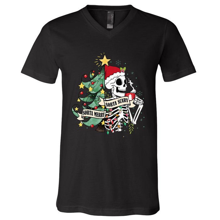 Sorta Merry Sorta Scary Skeleton Hot Cocoa Christmas Pajamas V-Neck T-Shirt