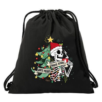 Sorta Merry Sorta Scary Skeleton Hot Cocoa Christmas Pajamas Drawstring Bag