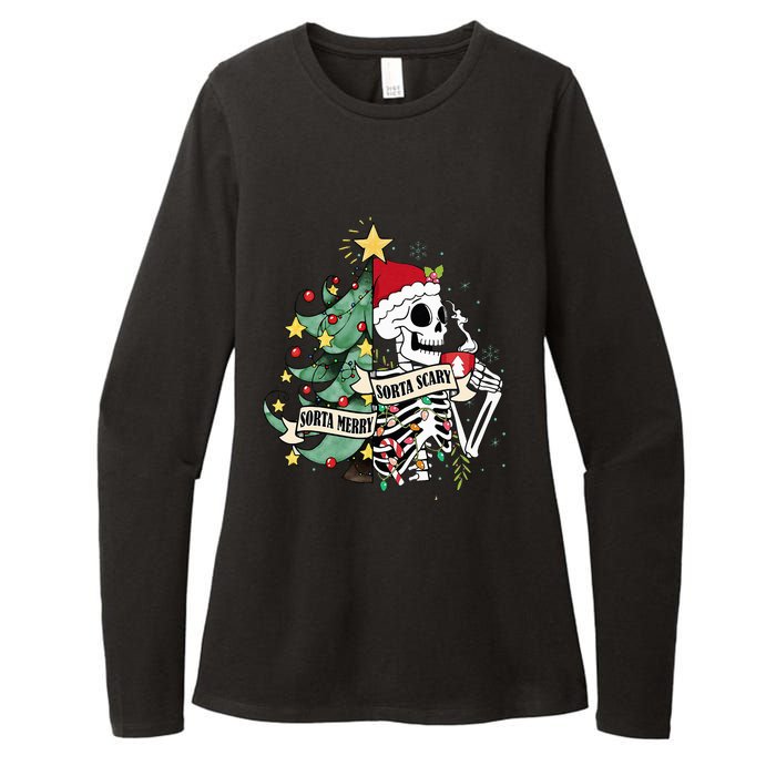 Sorta Merry Sorta Scary Skeleton Hot Cocoa Christmas Pajamas Womens CVC Long Sleeve Shirt