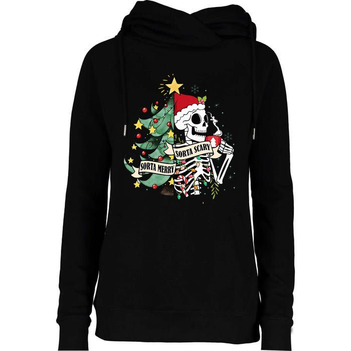 Sorta Merry Sorta Scary Skeleton Hot Cocoa Christmas Pajamas Womens Funnel Neck Pullover Hood