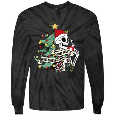 Sorta Merry Sorta Scary Skeleton Hot Cocoa Christmas Pajamas Tie-Dye Long Sleeve Shirt