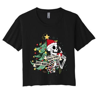 Sorta Merry Sorta Scary Skeleton Hot Cocoa Christmas Pajamas Women's Crop Top Tee