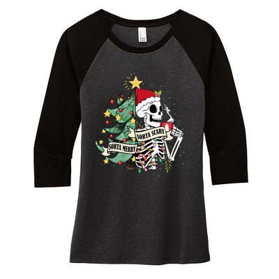 Sorta Merry Sorta Scary Skeleton Hot Cocoa Christmas Pajamas Women's Tri-Blend 3/4-Sleeve Raglan Shirt