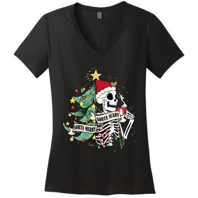 Sorta Merry Sorta Scary Skeleton Hot Cocoa Christmas Pajamas Women's V-Neck T-Shirt