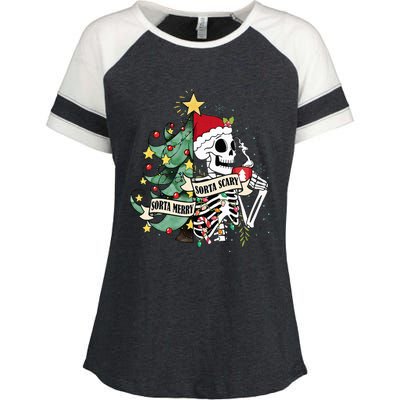 Sorta Merry Sorta Scary Skeleton Hot Cocoa Christmas Pajamas Enza Ladies Jersey Colorblock Tee