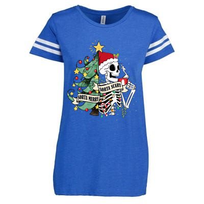 Sorta Merry Sorta Scary Skeleton Hot Cocoa Christmas Pajamas Enza Ladies Jersey Football T-Shirt