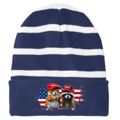 Social Media Star Peanut The Squirrel & Fred The Raccoon Striped Beanie with Solid Band