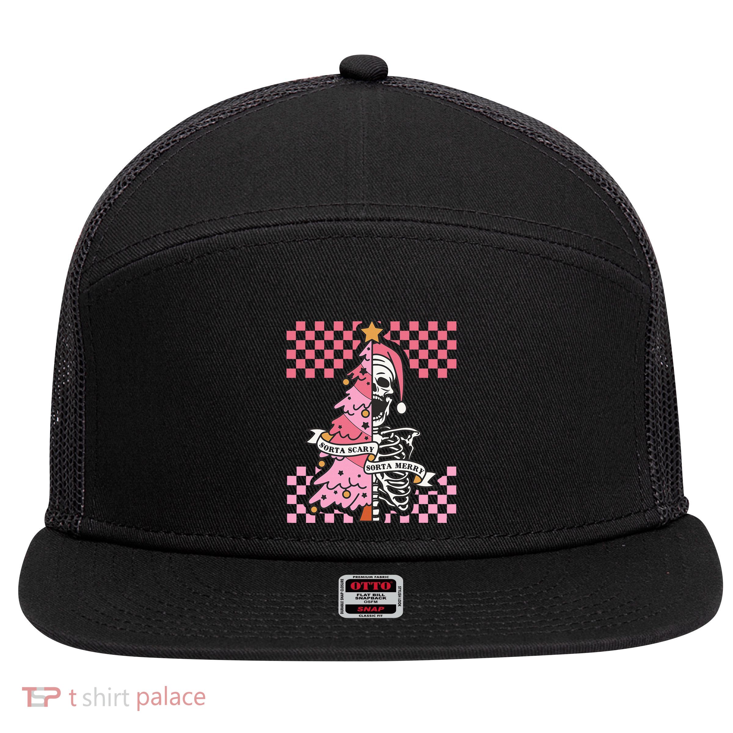 Sorta Merry Sorta Scary Spooky Christmas Goth Skull Xmas  7 Panel Mesh Trucker Snapback Hat