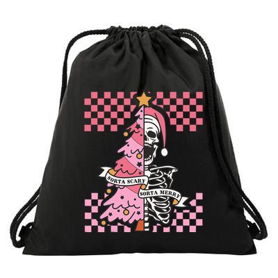 Sorta Merry Sorta Scary Spooky Christmas Goth Skull Xmas  Drawstring Bag