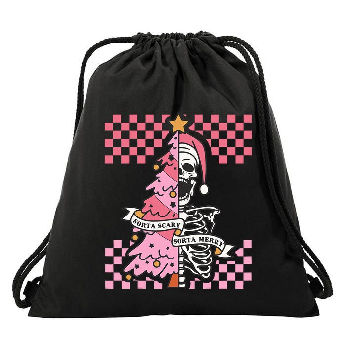 Sorta Merry Sorta Scary Spooky Christmas Goth Skull Xmas  Drawstring Bag