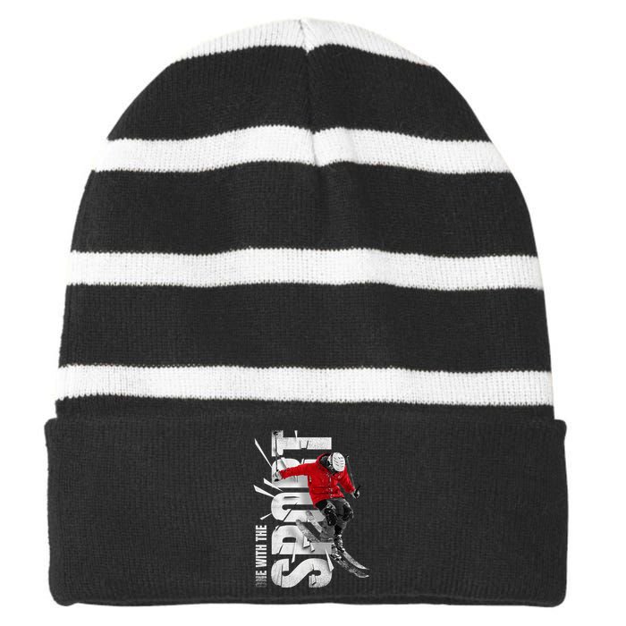 Skiers, Mountains, Skiing, Alpine Winter Sports Premium Striped Beanie with Solid Band