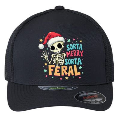 Sorta Merry Sorta Scary Funny Christmas Skeleton Flexfit Unipanel Trucker Cap