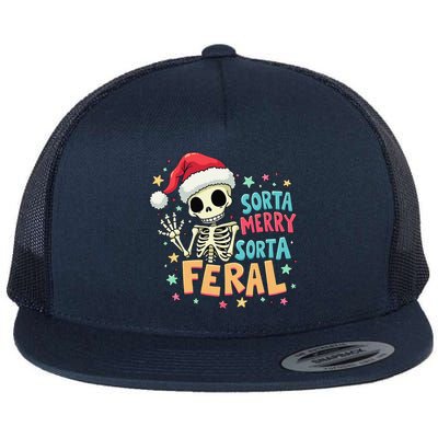 Sorta Merry Sorta Scary Funny Christmas Skeleton Flat Bill Trucker Hat