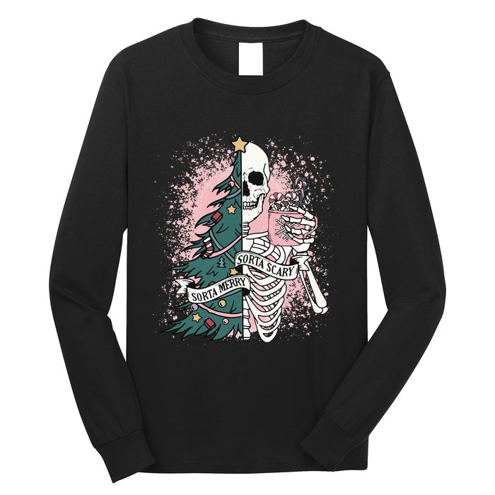 Sorta Merry Sorta Scary Funny Christmas Skeleton Bleached  Long Sleeve Shirt