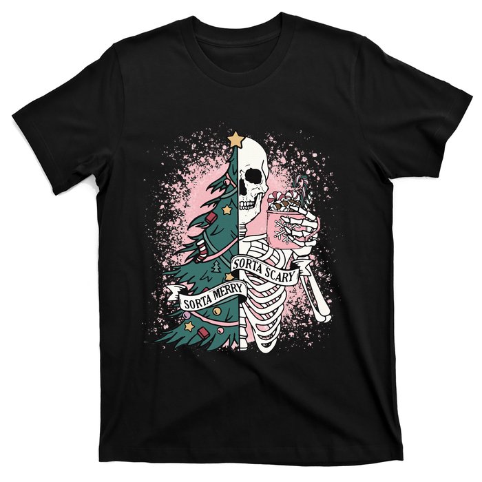 Sorta Merry Sorta Scary Funny Christmas Skeleton Bleached  T-Shirt