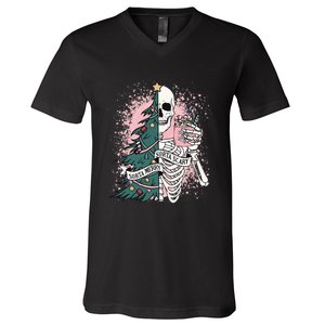 Sorta Merry Sorta Scary Funny Christmas Skeleton Bleached  V-Neck T-Shirt