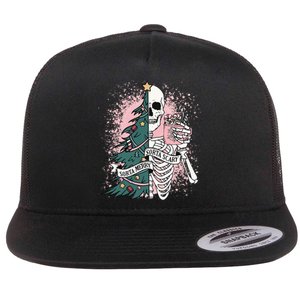 Sorta Merry Sorta Scary Funny Christmas Skeleton Bleached  Flat Bill Trucker Hat